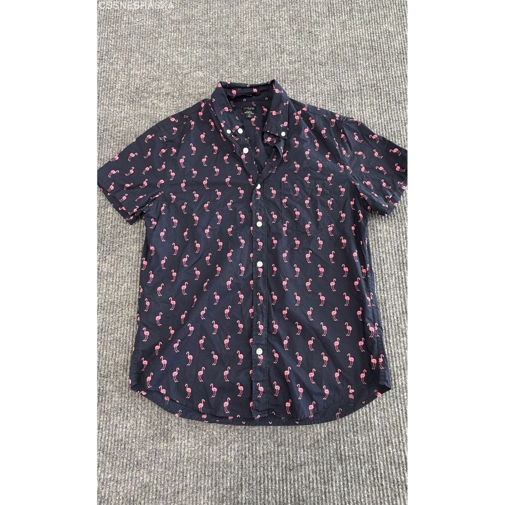 J.Crew Men's Navy Blue Pink Flamingo Print Flex Washed Slim Button Down Shirt M